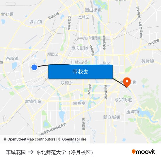 车城花园 to 东北师范大学（净月校区） map