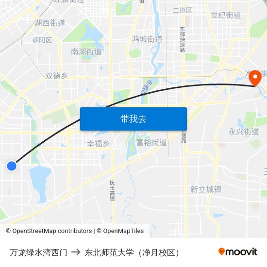 万龙绿水湾西门 to 东北师范大学（净月校区） map