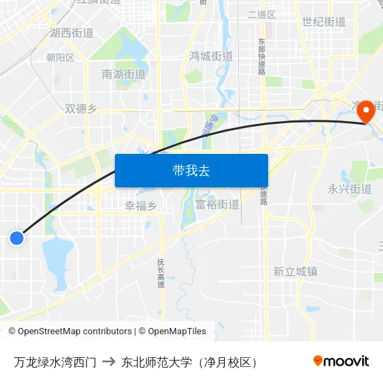 万龙绿水湾西门 to 东北师范大学（净月校区） map
