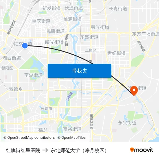 红旗街红星医院 to 东北师范大学（净月校区） map