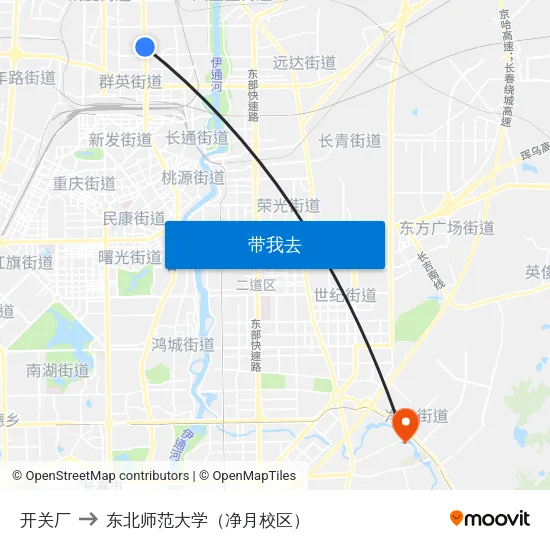 开关厂 to 东北师范大学（净月校区） map