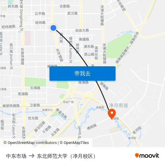 中东市场 to 东北师范大学（净月校区） map