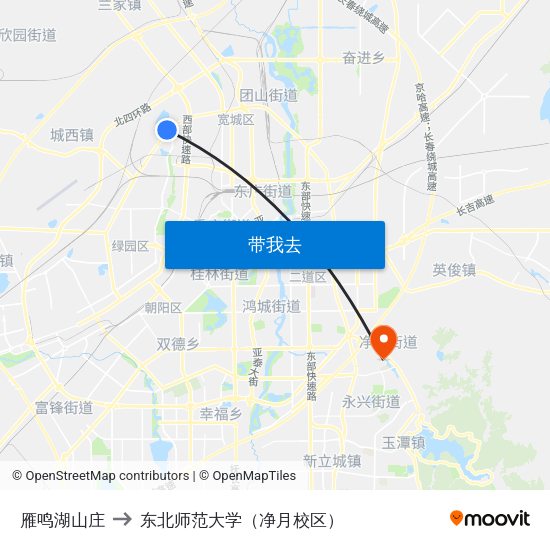 雁鸣湖山庄 to 东北师范大学（净月校区） map