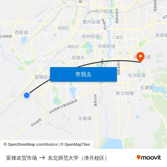 富锋农贸市场 to 东北师范大学（净月校区） map