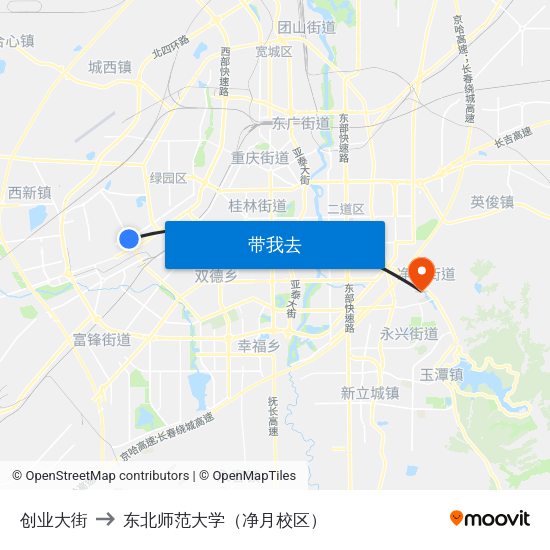 创业大街 to 东北师范大学（净月校区） map