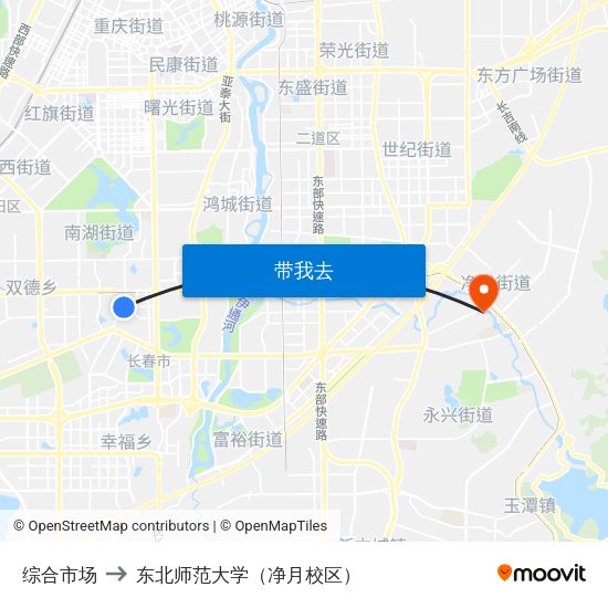 综合市场 to 东北师范大学（净月校区） map