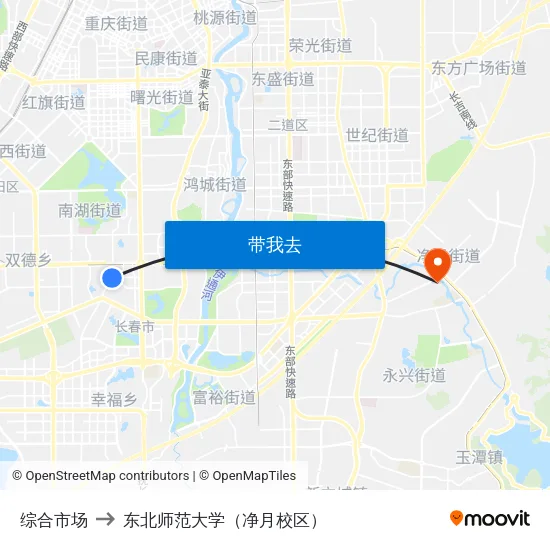 综合市场 to 东北师范大学（净月校区） map