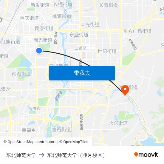 东北师范大学 to 东北师范大学（净月校区） map