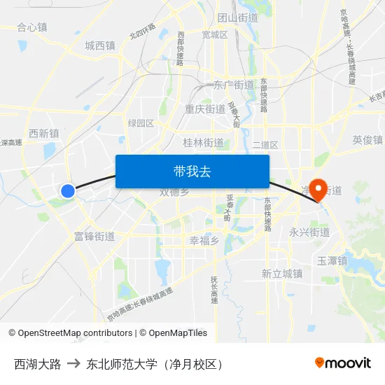 西湖大路 to 东北师范大学（净月校区） map