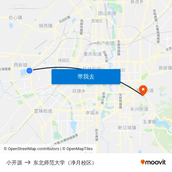 小开源 to 东北师范大学（净月校区） map