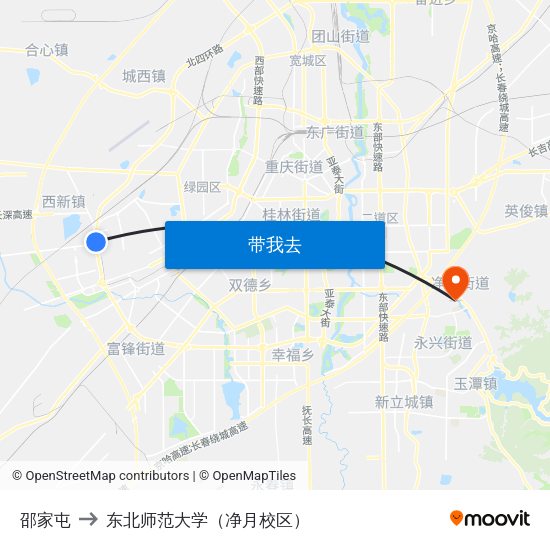 邵家屯 to 东北师范大学（净月校区） map