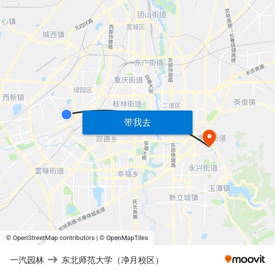 一汽园林 to 东北师范大学（净月校区） map