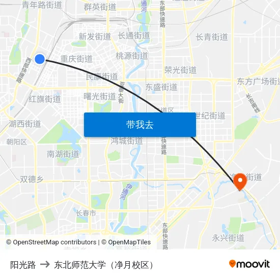 阳光路 to 东北师范大学（净月校区） map