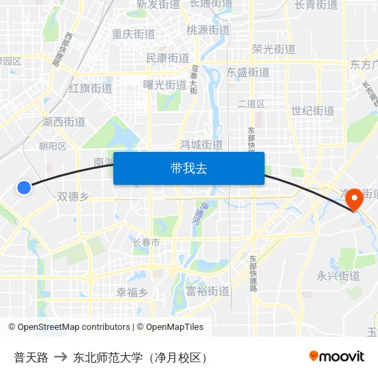 普天路 to 东北师范大学（净月校区） map