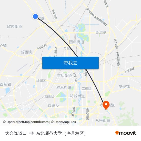 大合隆道口 to 东北师范大学（净月校区） map