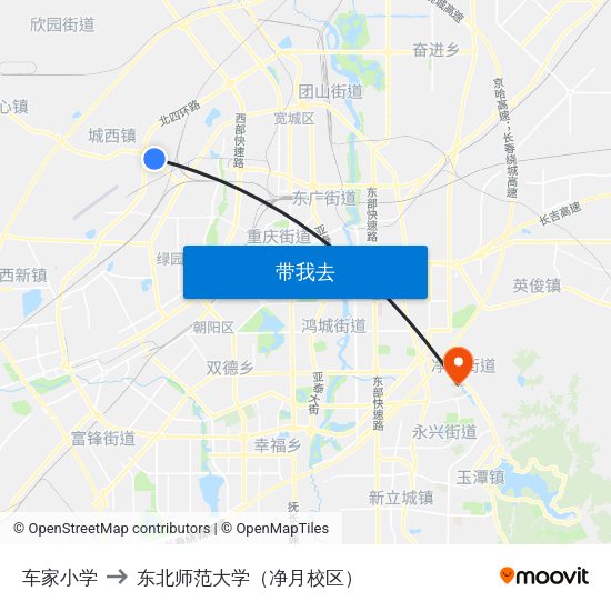 车家小学 to 东北师范大学（净月校区） map