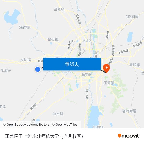 王菜园子 to 东北师范大学（净月校区） map