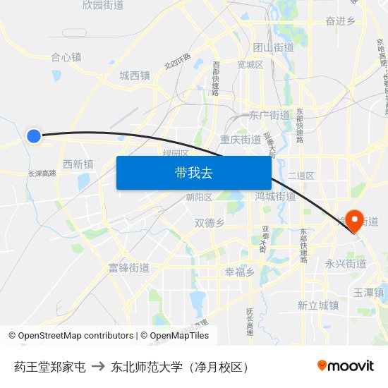 药王堂郑家屯 to 东北师范大学（净月校区） map