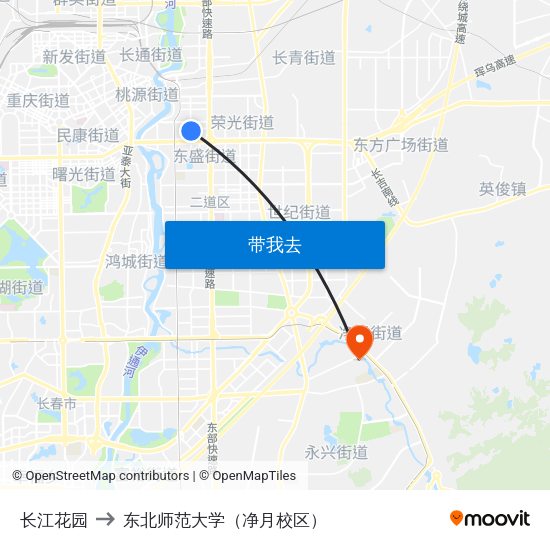 长江花园 to 东北师范大学（净月校区） map