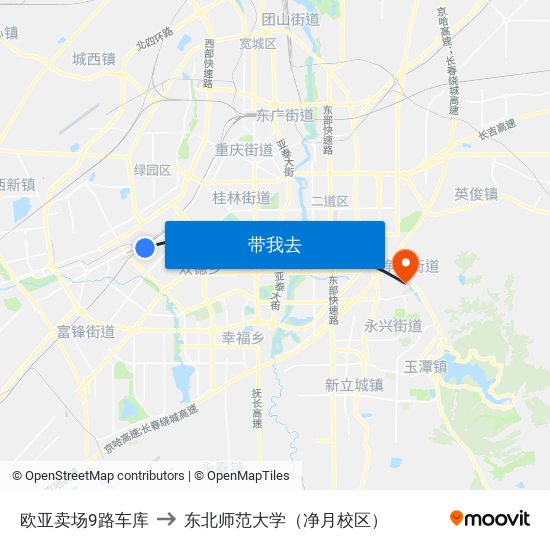 欧亚卖场9路车库 to 东北师范大学（净月校区） map