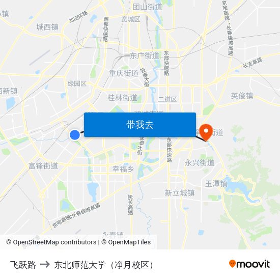 飞跃路 to 东北师范大学（净月校区） map