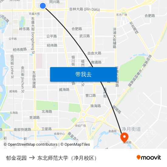 郁金花园 to 东北师范大学（净月校区） map