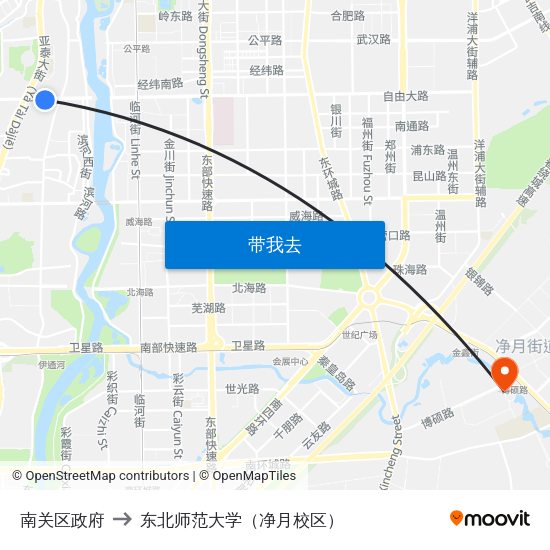 南关区政府 to 东北师范大学（净月校区） map