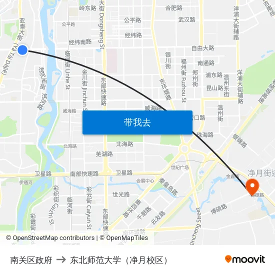 南关区政府 to 东北师范大学（净月校区） map