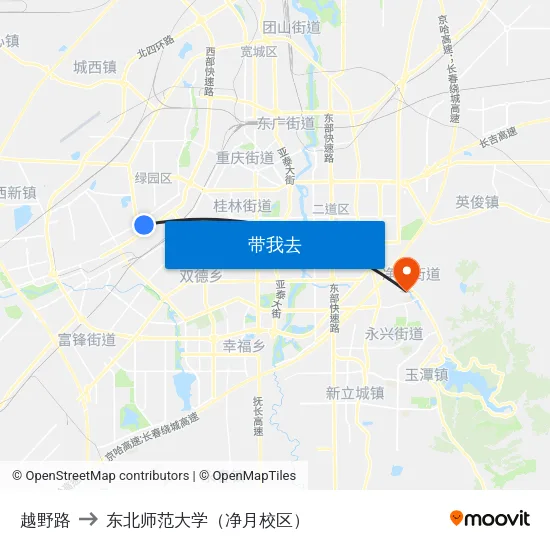 越野路 to 东北师范大学（净月校区） map
