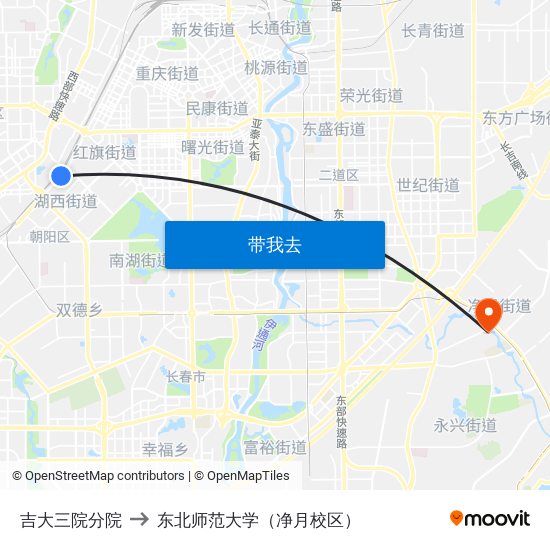 吉大三院分院 to 东北师范大学（净月校区） map