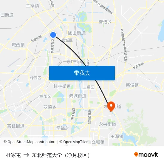 杜家屯 to 东北师范大学（净月校区） map