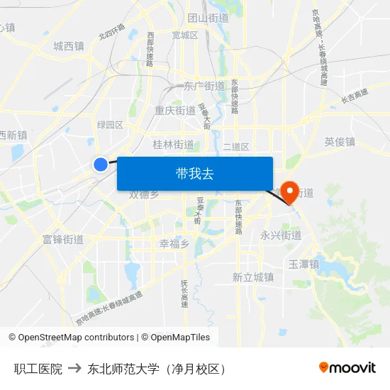 职工医院 to 东北师范大学（净月校区） map