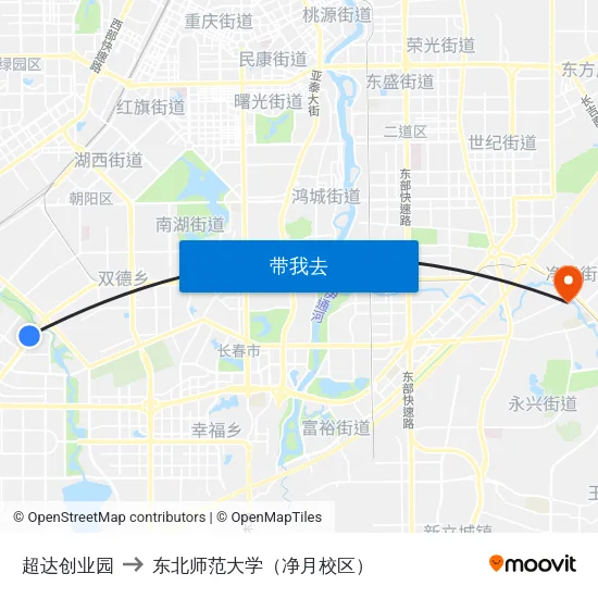 超达创业园 to 东北师范大学（净月校区） map