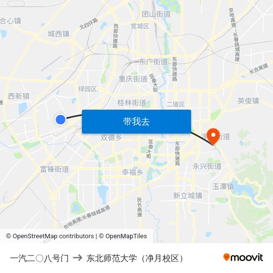 一汽二〇八号门 to 东北师范大学（净月校区） map