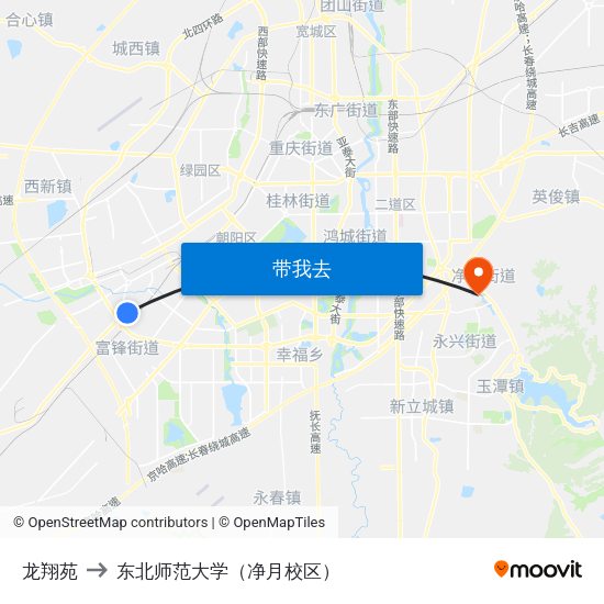 龙翔苑 to 东北师范大学（净月校区） map