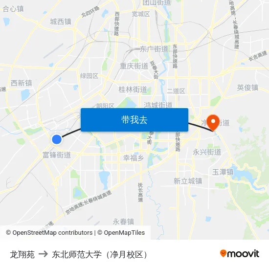 龙翔苑 to 东北师范大学（净月校区） map