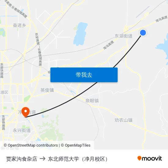 贾家沟食杂店 to 东北师范大学（净月校区） map