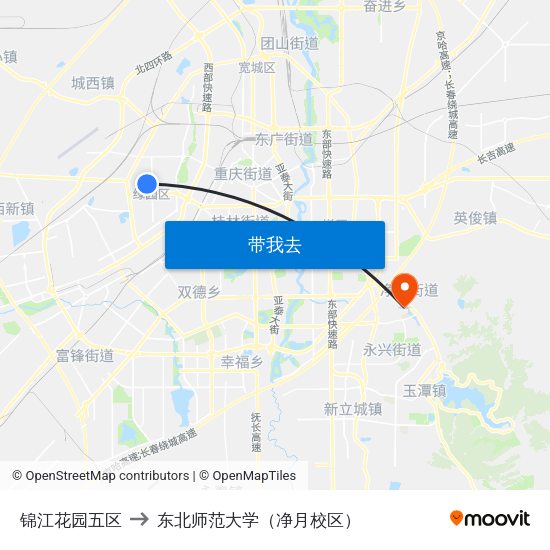 锦江花园五区 to 东北师范大学（净月校区） map