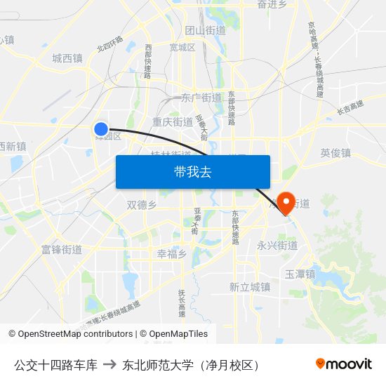 公交十四路车库 to 东北师范大学（净月校区） map
