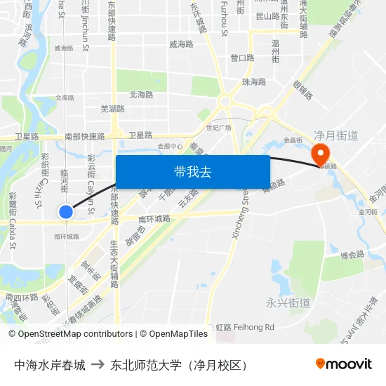 中海水岸春城 to 东北师范大学（净月校区） map