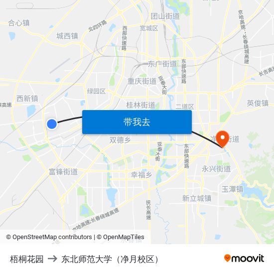 梧桐花园 to 东北师范大学（净月校区） map
