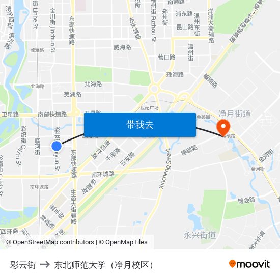 彩云街 to 东北师范大学（净月校区） map