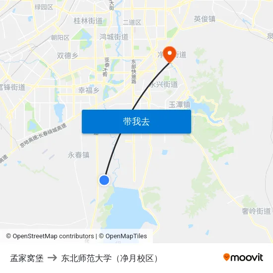 孟家窝堡 to 东北师范大学（净月校区） map