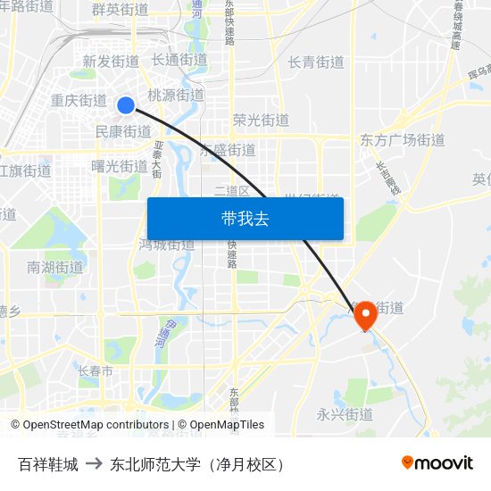 百祥鞋城 to 东北师范大学（净月校区） map