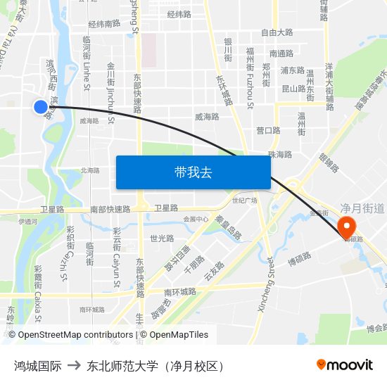 鸿城国际 to 东北师范大学（净月校区） map