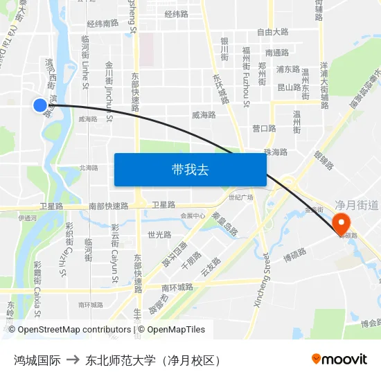 鸿城国际 to 东北师范大学（净月校区） map