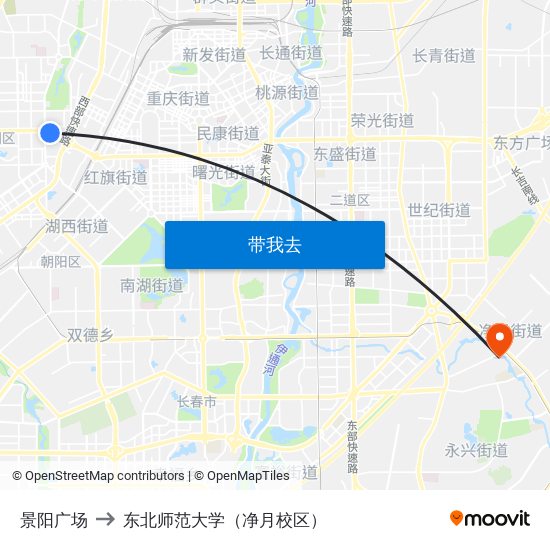 景阳广场 to 东北师范大学（净月校区） map