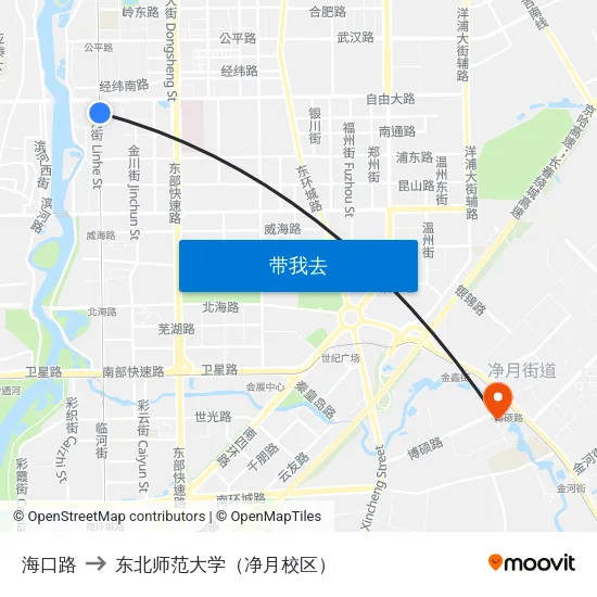 海口路 to 东北师范大学（净月校区） map