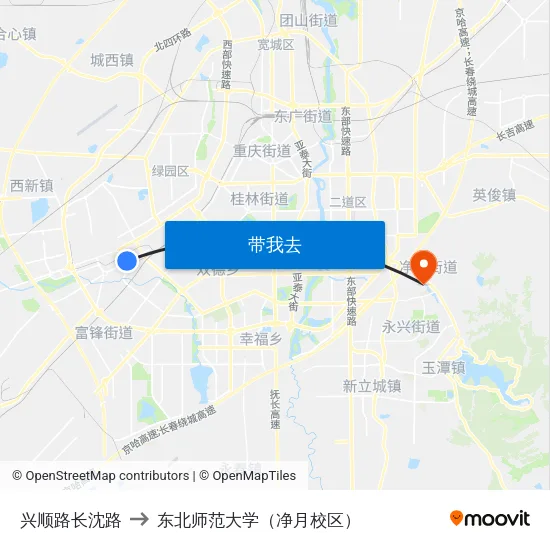 兴顺路长沈路 to 东北师范大学（净月校区） map