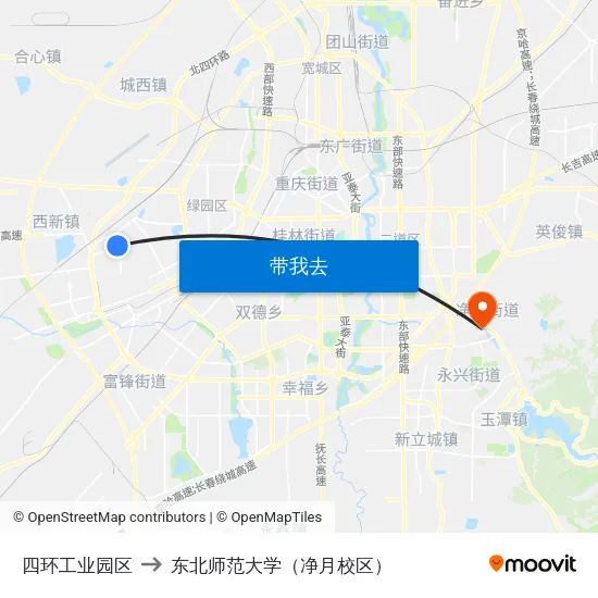 四环工业园区 to 东北师范大学（净月校区） map